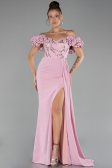 Powder Color Slit Strap Flowers Long Chiffon Evening Gown ABU4272
