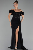Black Slit Strap Flowers Long Chiffon Evening Gown ABU4272