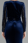 Navy Blue Stoned Long Sleeve Velvet Oversized Evening Dress ABU4277
