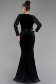 Black Stoned Long Sleeve Velvet Oversized Evening Dress ABU4277