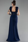Navy Blue Slit Strap Flowers Long Chiffon Evening Gown ABU4272