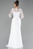 White Embroidered Capri Sleeve Slit Chiffon Evening Gown ABU4293