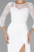 White Embroidered Capri Sleeve Slit Chiffon Evening Gown ABU4293