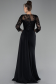 Black Embroidered Capri Sleeve Slit Chiffon Evening Gown ABU4293