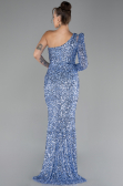 Indigo Single Sleeve Slit Long Sequined Evening Gown ABU4302
