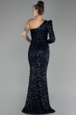 Navy Blue Single Sleeve Slit Long Sequined Evening Gown ABU4302
