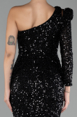 Black Single Sleeve Slit Long Sequined Evening Gown ABU4302