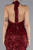 Burgundy Halter Neck Slit Long Scaly Evening Gown ABU4306