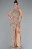 Gold Halter Neck Slit Long Scaly Evening Gown ABU4306