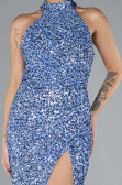 Indigo Halter Neck Slit Long Scaly Evening Gown ABU4306