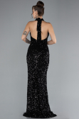 Black Halter Neck Slit Long Scaly Evening Gown ABU4306