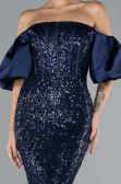Navy Blue Strapless Sleeve Accessories Long Scaly Evening Gown ABU4308