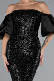 Black Strapless Sleeve Accessories Long Scaly Evening Gown ABU4308
