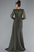 Olive Drab Stoned Long Sleeve Slit Evening Gown ABU4310