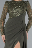 Olive Drab Stoned Long Sleeve Slit Evening Gown ABU4310