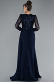 Navy Blue Stoned Long Sleeve Slit Evening Gown ABU4310