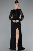 Black Stoned Long Sleeve Slit Evening Gown ABU4310