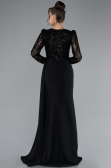 Black Stoned Long Sleeve Slit Evening Gown ABU4310