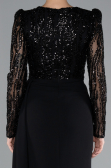 Black Stoned Long Sleeve Slit Evening Gown ABU4310