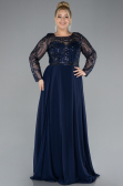 Navy Blue Embroidered Long Sleeve Chiffon Plus Size Evening Gown ABU4312