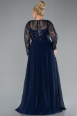 Navy Blue Embroidered Long Sleeve Chiffon Plus Size Evening Gown ABU4312