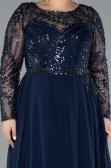 Navy Blue Embroidered Long Sleeve Chiffon Plus Size Evening Gown ABU4312