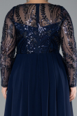 Navy Blue Embroidered Long Sleeve Chiffon Plus Size Evening Gown ABU4312