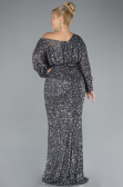 Anthracite Slit Long Sleeve Scaly Plus Size Evening Gown ABU4313