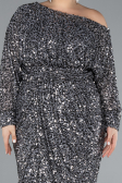 Anthracite Slit Long Sleeve Scaly Plus Size Evening Gown ABU4313