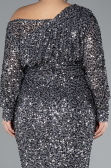 Anthracite Slit Long Sleeve Scaly Plus Size Evening Gown ABU4313