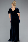 Navy Blue Short Sleeve Slit Long Velvet Plus Size Evening Dress ABU4317