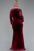 Burgundy Stoned Long Sleeve Velvet Oversized Evening Dress ABU4277