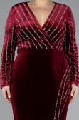 Burgundy Stoned Long Sleeve Velvet Oversized Evening Dress ABU4277