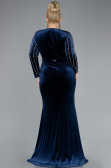 Navy Blue Stoned Long Sleeve Velvet Oversized Evening Dress ABU4277