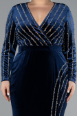 Navy Blue Stoned Long Sleeve Velvet Oversized Evening Dress ABU4277