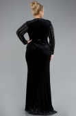 Black Stoned Long Sleeve Velvet Oversized Evening Dress ABU4277