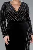 Black Stoned Long Sleeve Velvet Oversized Evening Dress ABU4277
