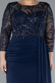 Navy Blue Stoned Capri Sleeve Slit Chiffon Plus Size Evening Gown ABU4294