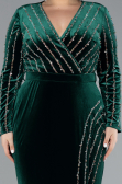 Emerald Green Stoned Long Sleeve Velvet Oversized Evening Dress ABU4277