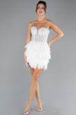 White Stoned Strapless Imported Feathered Evening Gown ABK2165