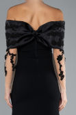 Black Boat Neck Guipure Long Sleeve Fishtail Evening Dress ABU4343