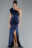 Navy Blue One Shoulder Sequined Slit Satin Evening Gown ABU4325