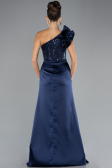 Navy Blue One Shoulder Sequined Slit Satin Evening Gown ABU4325