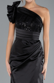 Black One Shoulder Sequined Slit Satin Evening Gown ABU4325