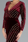 Burgundy Stoned Long Sleeve Velvet Evening Dress ABU4282