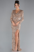 Gold Long Sleeve Slit Sequined Evening Gown ABU4329