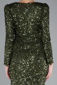 Olive Drab Long Sleeve Slit Sequined Evening Gown ABU4329