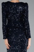 Navy Blue Long Sleeve Slit Sequined Evening Gown ABU4329