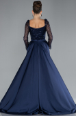 Navy Blue Sequin Long Sleeves Tail Satin Mermaid Evening Gown ABU4332