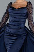 Navy Blue Sequin Long Sleeves Tail Satin Mermaid Evening Gown ABU4332